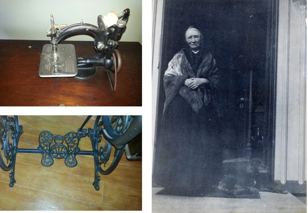 Three pictures--one of sewing machine, one of ornate foot shaped pedals for sewing machine, one of mature woman standing with shawl, with a dog at her feet.