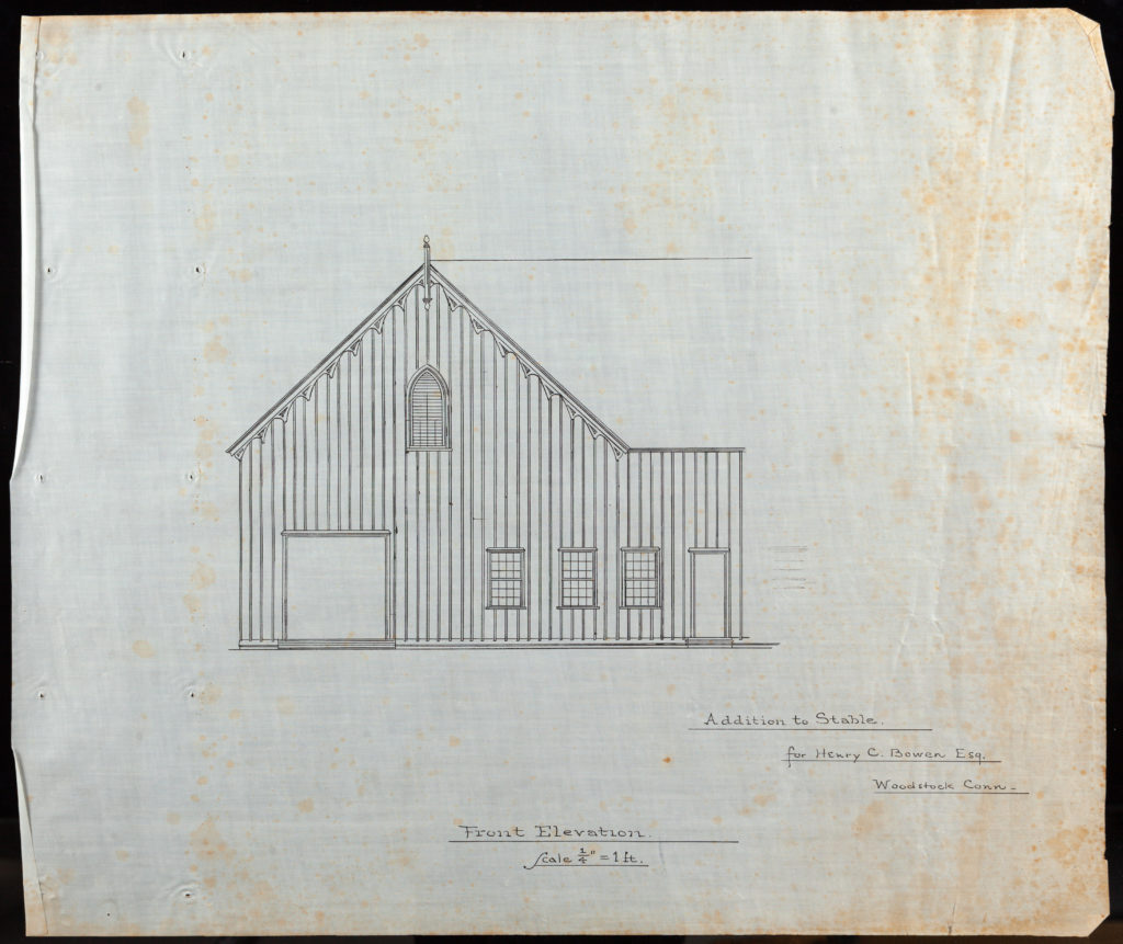 Front elevation of carriage room addition to barn, black ink on white linen, indicating board and batten siding and Gothic style window under eave.