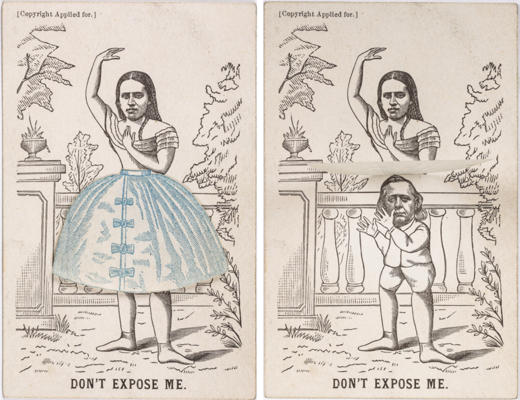 Card with drawing of Elizabeth Tilton in skirt. Skirt flips up to reveal Henry Ward Beecher hiding underneath. Caption on card is “Don’t expose me.”